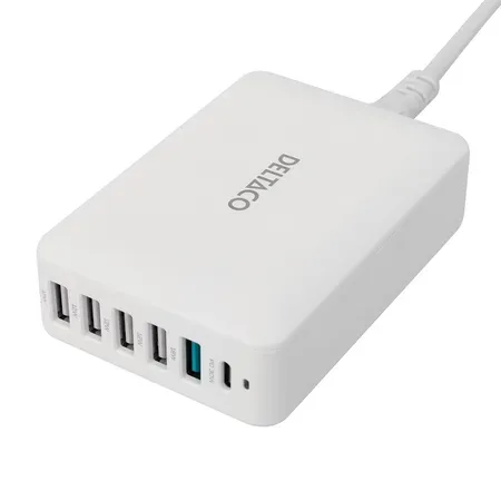 DELTACO laddningsstation, 60 W, USB-C + 5 x USB-A, vit