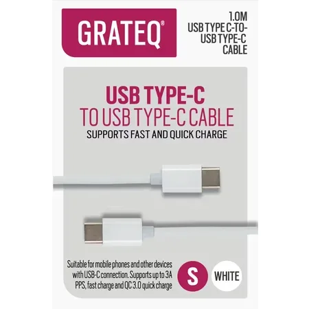 GRATEQ 85056QC USB 2.0-kabel 1 m, USB C till USB C, vit