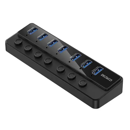 DELTACO USB-A-hubb, 7 portar, med strömbrytare och nätadapter, svart