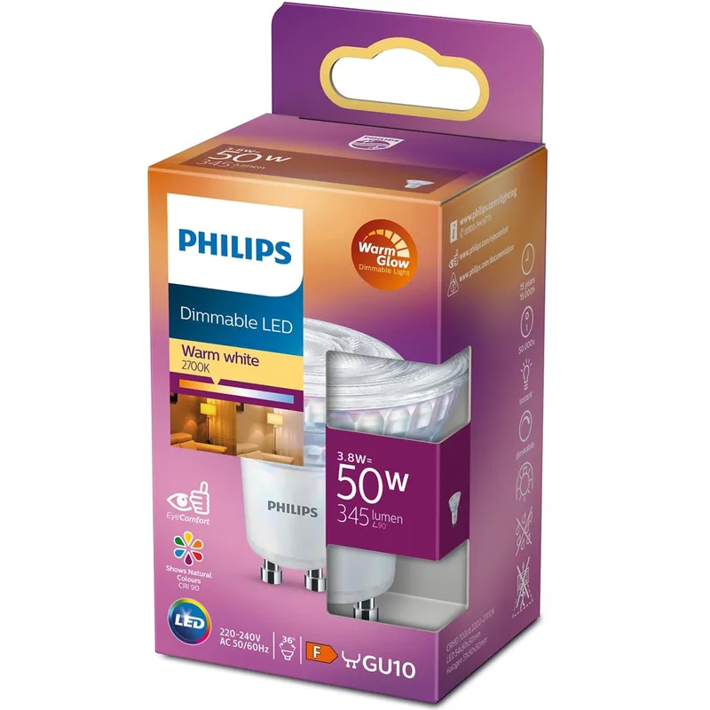 Philips Warm Glow LED-spotlight, GU10, 2200-2700 K, 345 lm, dimbar