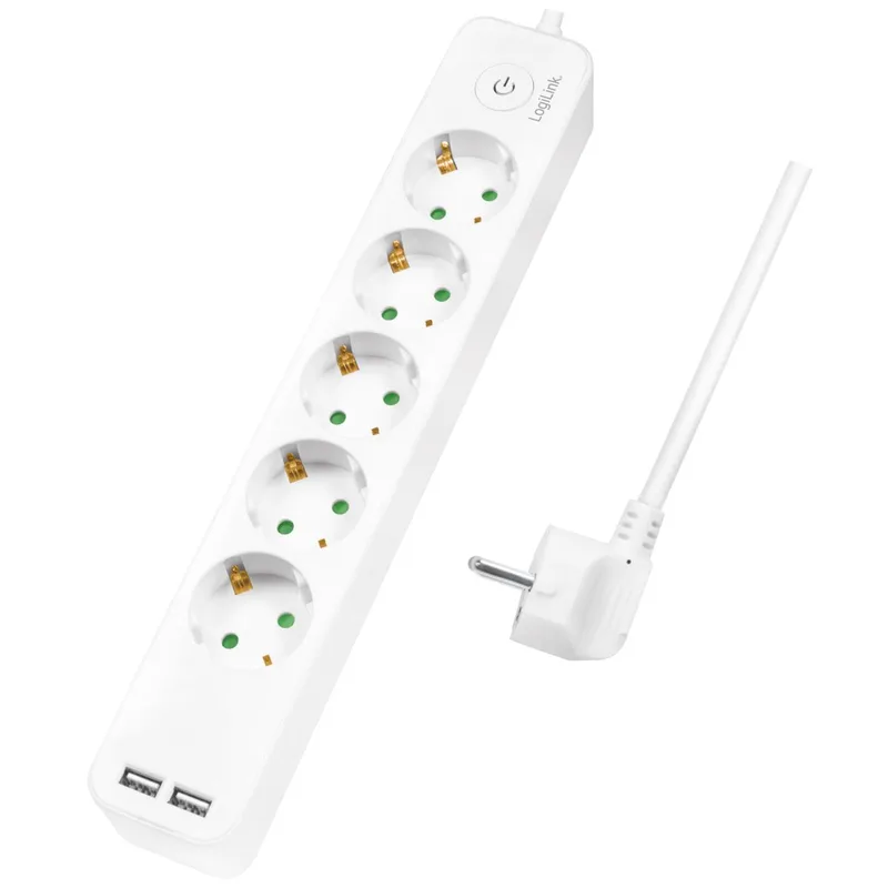LogiLink: Grenuttag 5-vägs + 2st USB m brytare 1,5m Vit