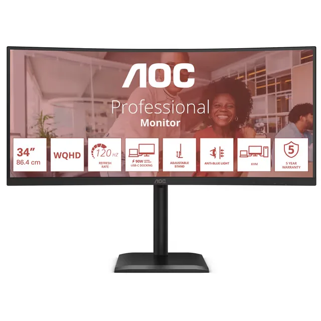 34" AOC CU34E4CV, Curved VA 3440x1440, 1 ms, 120Hz FreeSync, 1500R, höjdjusterbar, 2xHDMI/DP/USB-C 90W, LAN, högtalare, KVM-switch, USB 3.2-hubb, 5 års garanti
