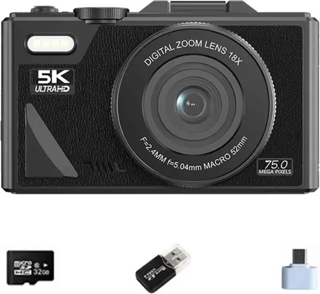 5K digitalkamera, 75 MP, WiFi, vridbar skärm, 64 GB kort, USB-C-adapter och USB-läsare