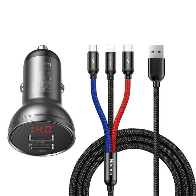 Baseus Billaddare 24W 3in1 microUSB-C Lightning Kabel 1.2m