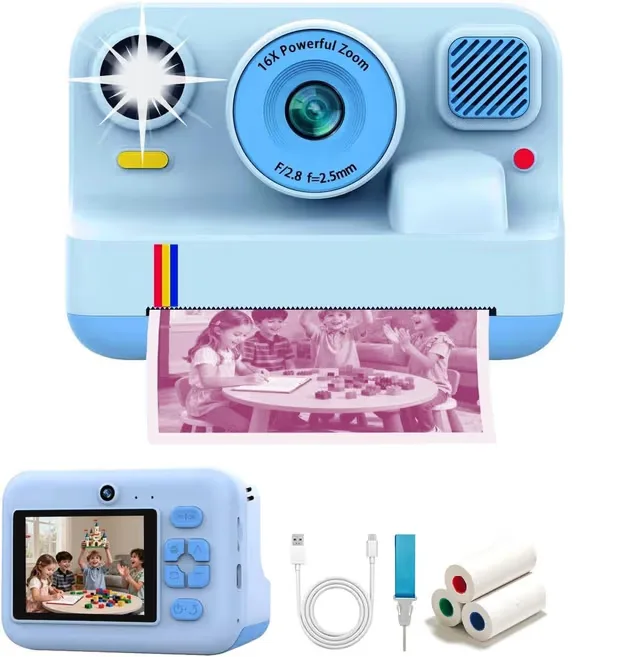 NÖRDIC 2,4" HD Instant-kamera, Mini kamera med fotoutskrift/videoinspelning, kompatibel app, Blå