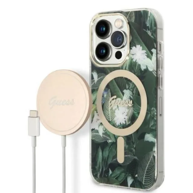 Guess laddningsfodral + trådlös laddare GUBPP14XHJEACSA Apple iPhone 14 Pro Max grönt/grönt fodral Jungle MagSafe