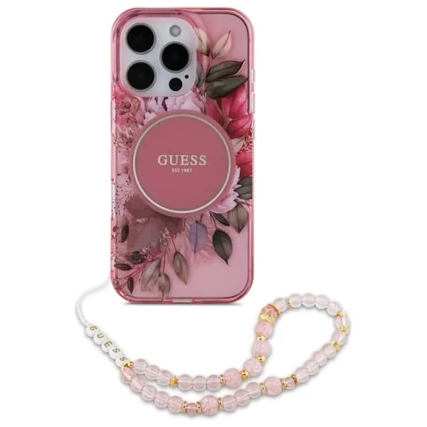Guess Mobilskal till iPhone 16 Pro MagSafe IML Flowers Med Pearl Strap