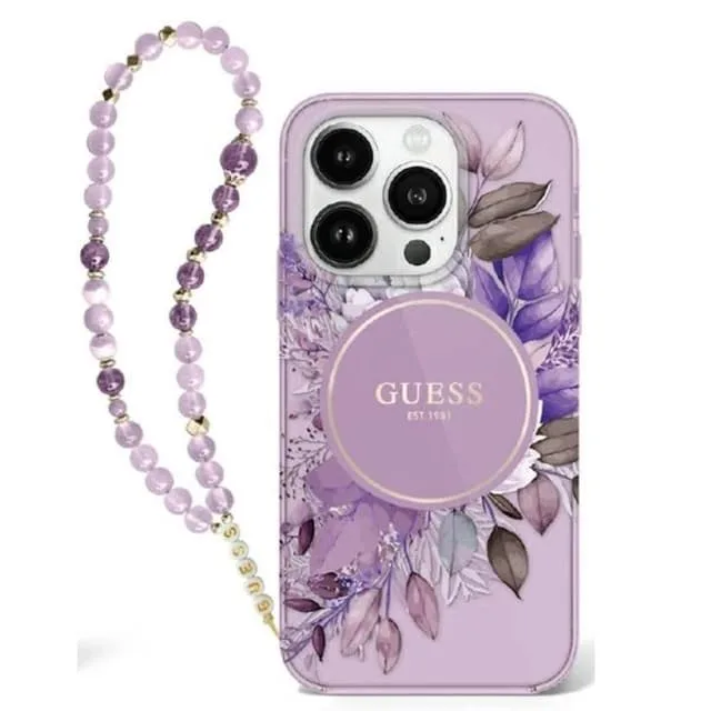 Guess iPhone 16 Plus Mobilskal MagSafe IML Flowers Med Pearl Strap