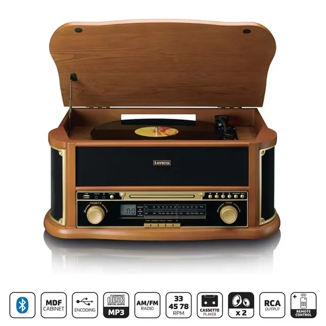 Lenco TCD-2551WD skivspelare i trä med Bluetooth, radio, CD och kassett