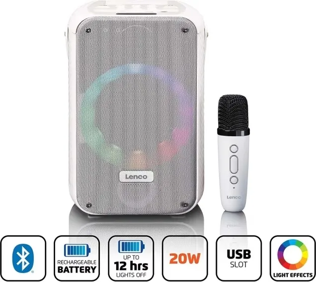 Lenco Karaokesystem med Bluetooth®, uppladdningsbart batteri, trådlös karaokemikrofon och disco-LED-belysning Vit