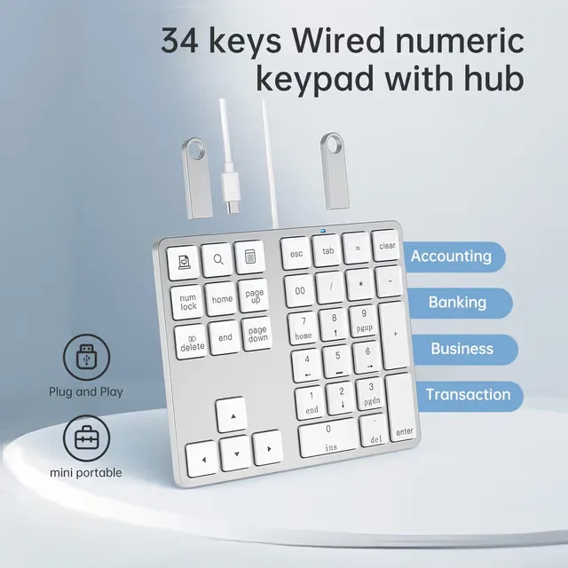 NÖRDIC USB-C Numerisk knappsats med kabel, 34 tangenter, 2×USB-A + 1×USB-C för laddning