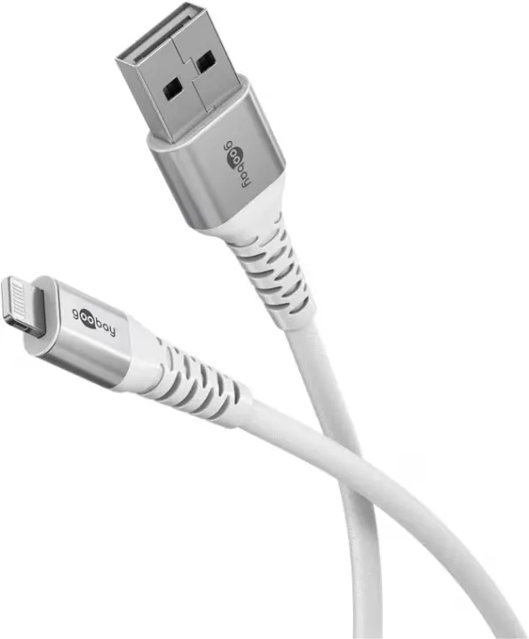 Goobay Lightning-USB-A supersoft textilkabel med metallkontakter, 0,5 m, vit MFi-certifierad, elegant och extra robust laddnings- och synkroniseringskabel för Apple iPhone/iPad (vit)