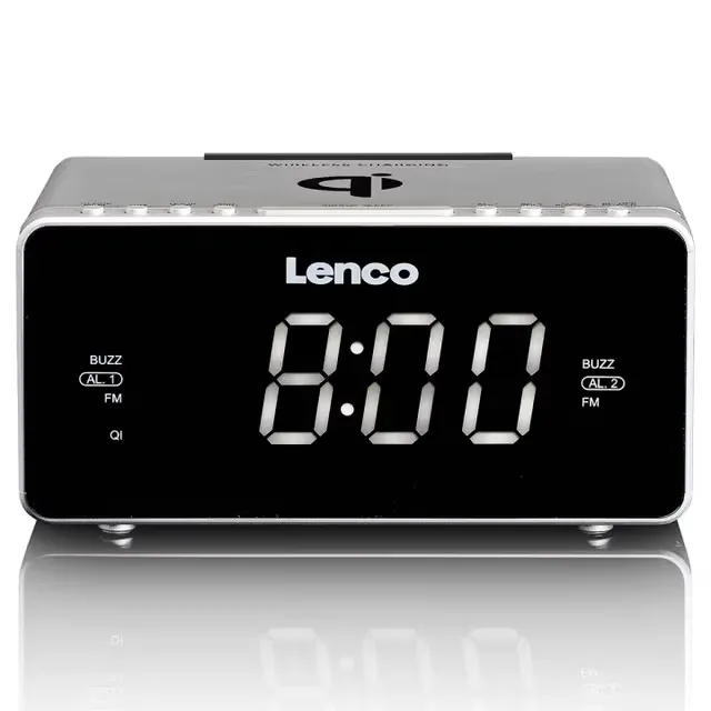 Lenco Stereo FM-klockradio med USB och Qi trådlös laddning för smartphone Silver