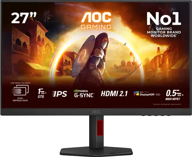 27" AOC U27G4R, Fast IPS 3840x2160, 0,5 ms, 160Hz Adaptive Sync, HDR400, höjdjusterbar, pivot, 2xHDMI/DP, USB 3.2-hubb