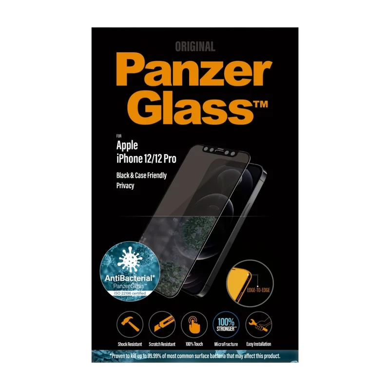 PanzerGlass iPhone 12/12 Pro Case Friendly antibakteriell Privacy skärmskydd, svart