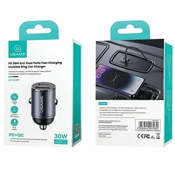 USAMS C38 Billaddare 30W 1xUSB-A 1xUSB-C