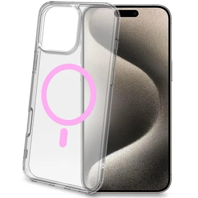 Celly Gelskinmag Magnetic skal med MagSafe för iPhone 16 Pro Max, transparent och rosa