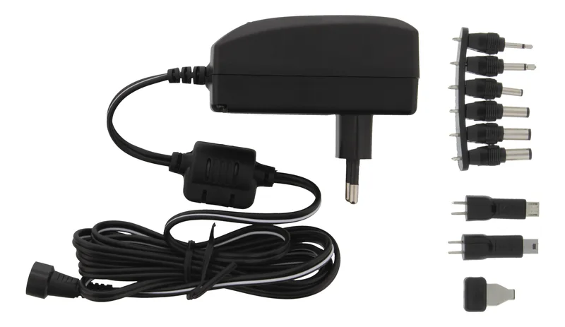 Universal AC-adapter 230V till 3-12V DC 27W/2,25A, Nordic Quality, 8 st DC-kontakter