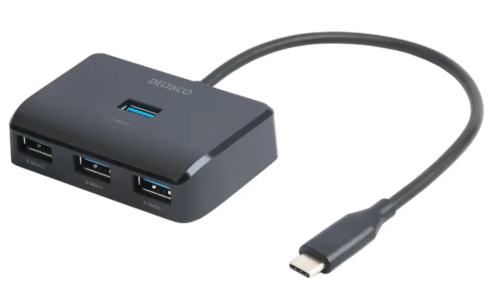 Deltaco USB-C hubb med 4-USB-A portar, 5 Gbit/s, extra strömtillförsel, svart