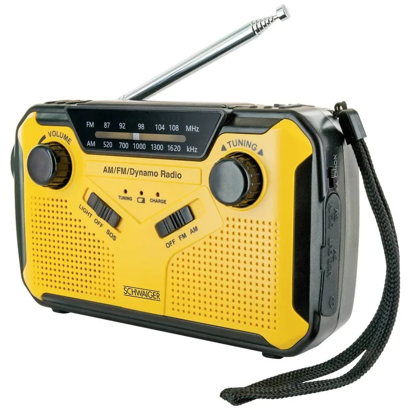 Utomhusradio Schwaiger FM, AM, FM Handvev, Solcellspanel, Stänkvattenskyddad, Stötsäker, Ficklampa Gul, Svart