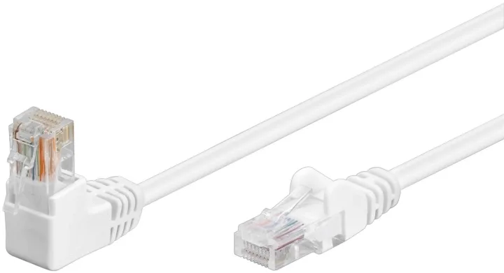 Goobay Patchkabel CAT 5e, 1x 90° vinklad, U/UTP, vit, 2 m kopparklädd aluminiumtråd (CCA), 1x RJ45-plugg 90 ° (8P8C)