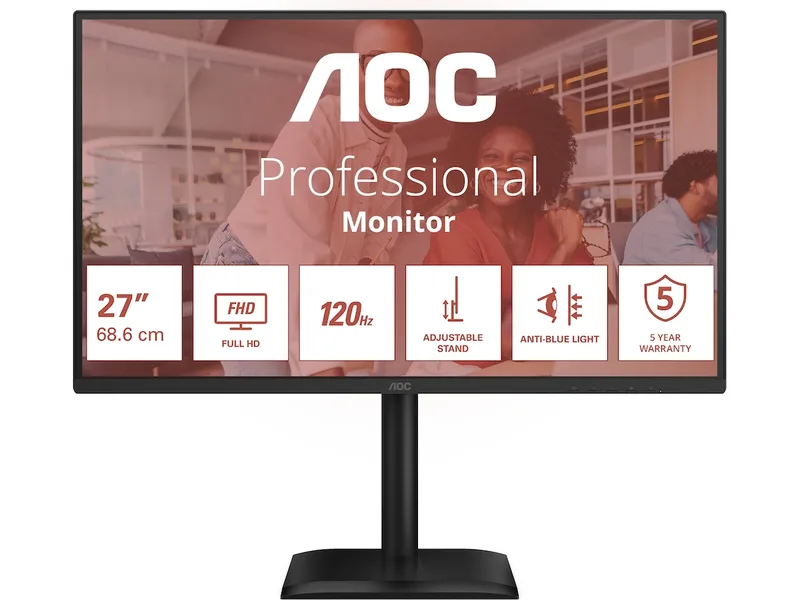 27" AOC 27E4CV, IPS 1920x1080, 4 ms, 120Hz, höjdjusterbar, pivot, HDMI/DP/USB-C 90W, högtalare, USB 3.2-hubb, 5 års garanti