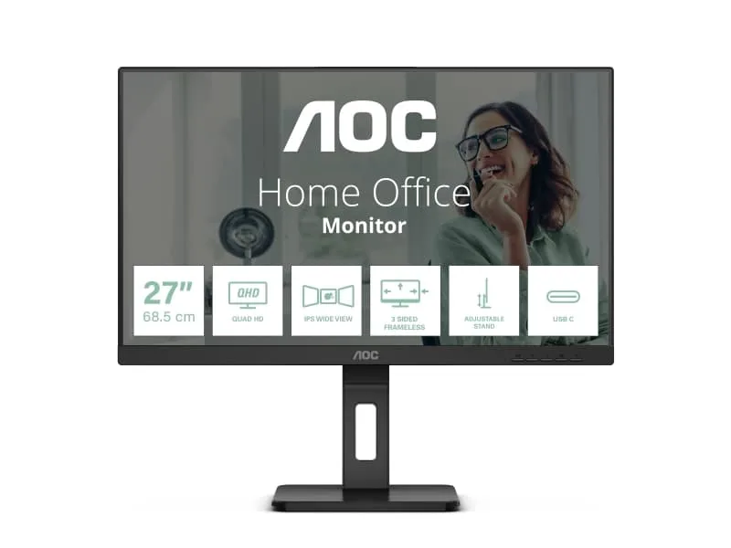 27" AOC Q27P3CV, IPS 2560x1440, 4 ms, 75Hz, höjdjusterbar, pivot, 2xHDMI/DP/USB-C 65W, LAN, högtalare, USB 3.2-hubb