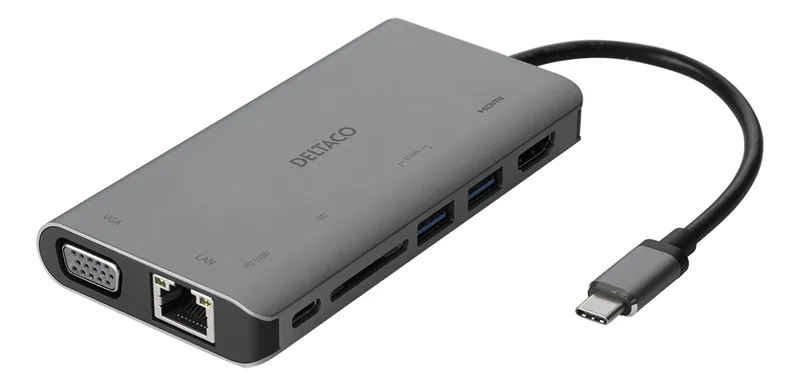 Multi-adapter Deltaco, USB-C till HDMI/VGA/2xUSB 3.0/GigaLAN/USB-C PD 3.0, kortläsare SD