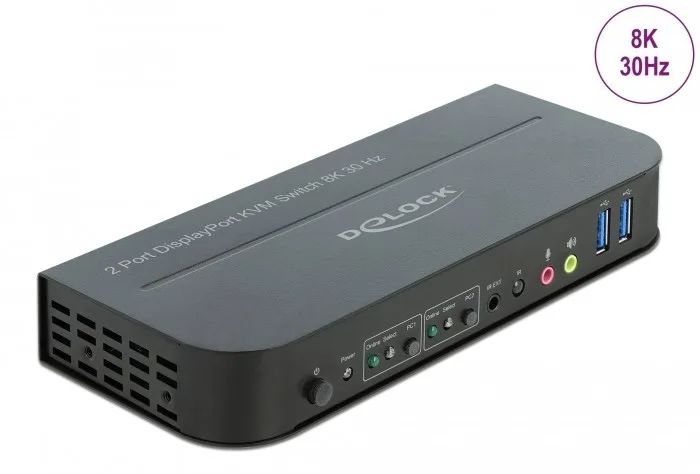 DeLock 11482 KVM-switch, 2-vägs, DisplayPort 1.4, USB 3.0, ljud