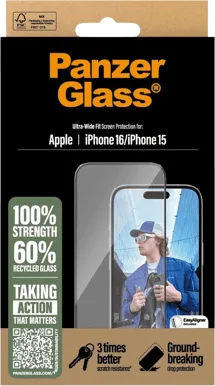 PanzerGlass skärmskydd för iPhone 15/16 Ultra-Wide Fit med EasyAligner