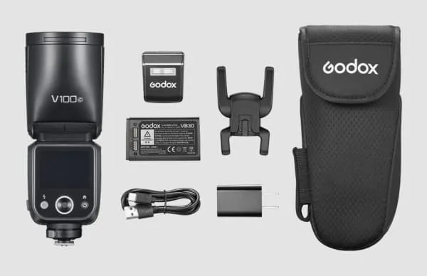 Godox V100, 1,7 s, Trådlösa anslutningar, 32 kanaler, 616 g, Kompakt blixt