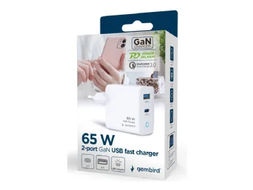 Gembird - Strömadapter - GaN, LED - 65 Watt - 3 A - PD, QC 3.0 - 2 utdatakontakter (USB-C, USB typ A) - vit