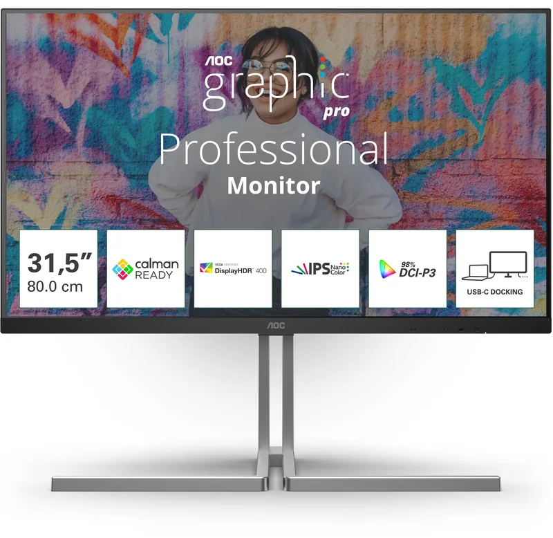 31.5" AOC U32U3CV, Nano IPS 4K/3840x2160, höjdjusterbar, pivot, 2xHDMI/DP/USB-C 96W, USB 3.2-hubb, högtalare