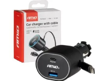 AMiO snabb billaddare med utdragbar kabel 85w pd30w pd20w + qc3.0 usb-a usb-c amio-04176
