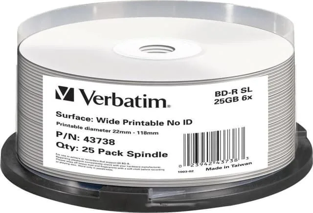 Blu-Ray BD-R media Verbatim 25 GB/200 min 6X, Printable, Hard Coat MABL, 25-pack spindel