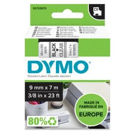 DYMO D1 märktejp standard 9mm, svart på transparent, 7m rulle (40910)