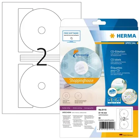 HERMA Special Maxi ogenomskinliga CD/DVD-etiketter, matta, 50 st