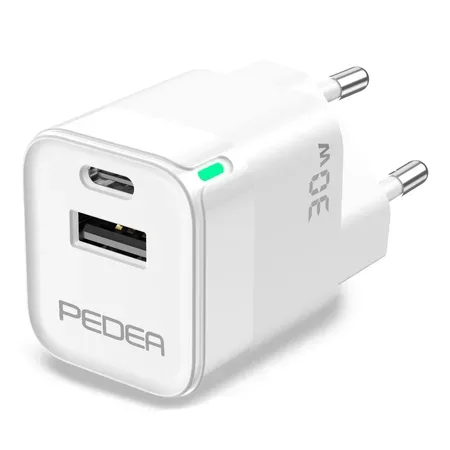 PEDEA Mini snabbladdare Dual 30 W, USB-C och USB-A, vit