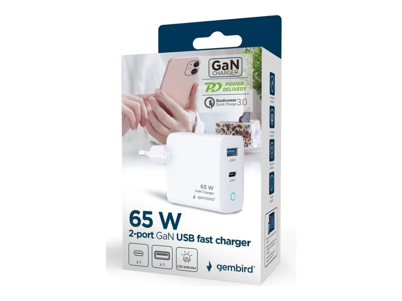 Gembird - Strömadapter - GaN, LED - 65 Watt - 3 A - PD, QC 3.0 - 2 utdatakontakter (USB-C, USB typ A) - vit