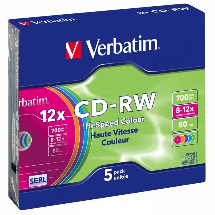 Verbatim CD-RW 700 MB, 8-12x, blandade färger, 5-pack