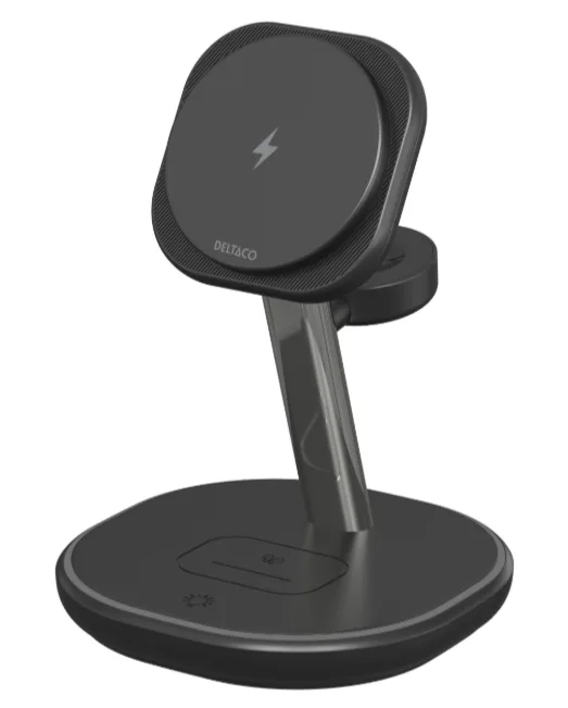 Deltaco 3-i-1 magnetiskt trådlöst laddningsställ, iPhone/TWS/Klocka, LED-ljus, inkl. USB-C laddningskabel