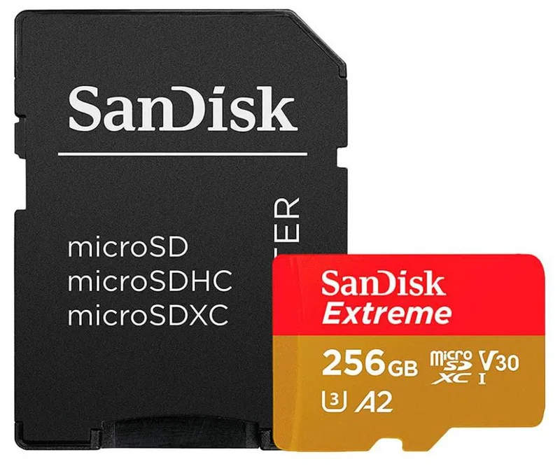 Micro Secure Digital SDXC 256 GB Sandisk Extreme Plus, 200/140 MB/sek, Class 10, UHS-I V30, U3, A2, inkl. SD-adapter