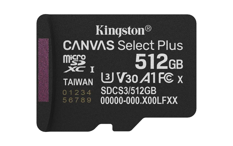 Micro Secure Digital SDXC 512 GB Kingston Canvas Select Plus Gen3, 150 MB/sek läs, Class 10, A1, UHS-I U1
