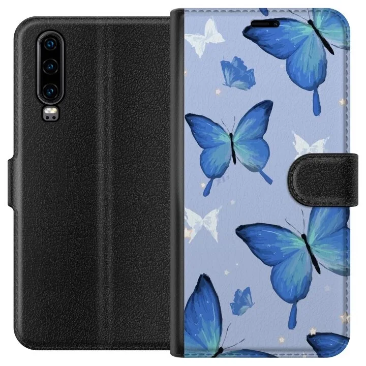 Plånboksfodral till Huawei P30 med Blå fjärillar motiv