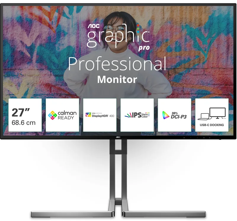 27" AOC Graphic Pro U27U3CV, Nano IPS 4K/3840x2160, 4 ms, höjdjusterbar, pivot, 2xHDMI/DP/USB-C 90W, högtalare, KVM-switch, USB 3.2-hubb, 3 års garanti