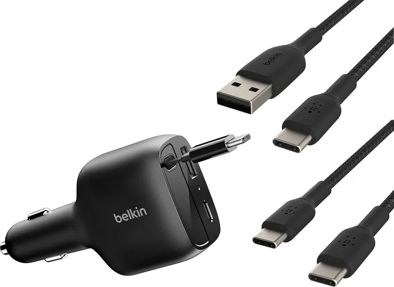 Belkin Utrullningsbar billaddare 75W + Belkin USB-C till USB-C