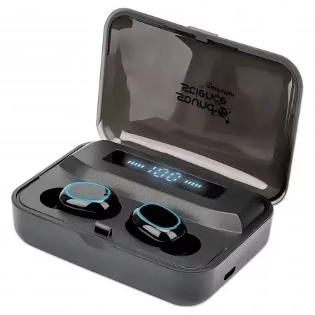Manhattan Sound Science Bluetooth In-Ear Headphones (Clearance Pricing), Black, Microphone, Integrated Controls, Sweatproof, Noise Isolating, 5 hour usage time, Max Range 10m, Charging Case with Powerbank (1200mAh), Bluetooth v5.0, USB-A charging cable included, 3 Year Warranty