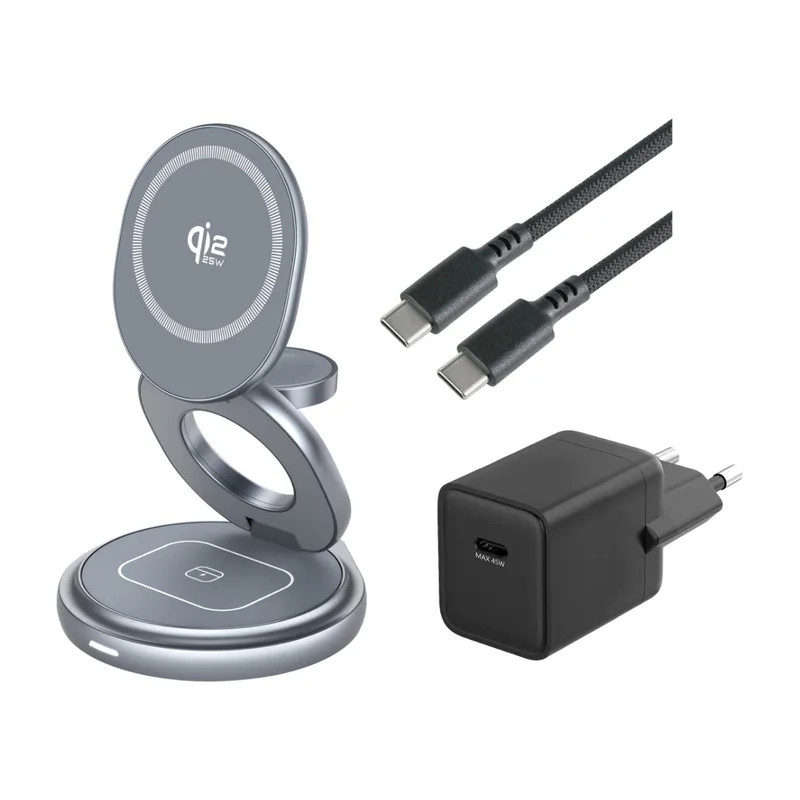 Dacota Platinum Qi2 25 W 3-i-1 magnetisk vikbar laddare, silver