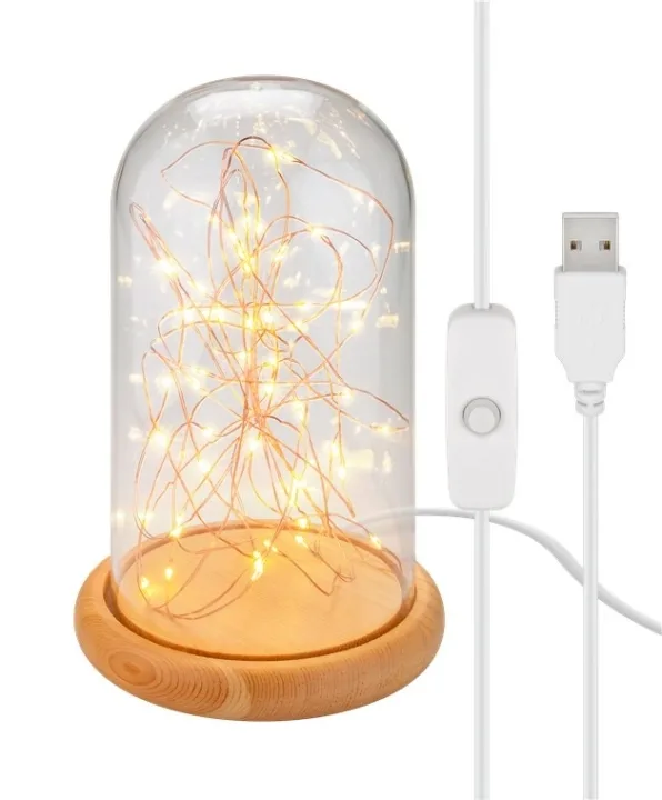 Goobay glaskupa med mikro-LED-ljusslinga och träplatta