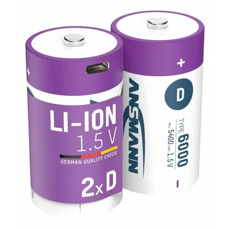 ANSMANN D-batteri Li-Ion 6000 mAh, 2-pack, laddning via USB-C